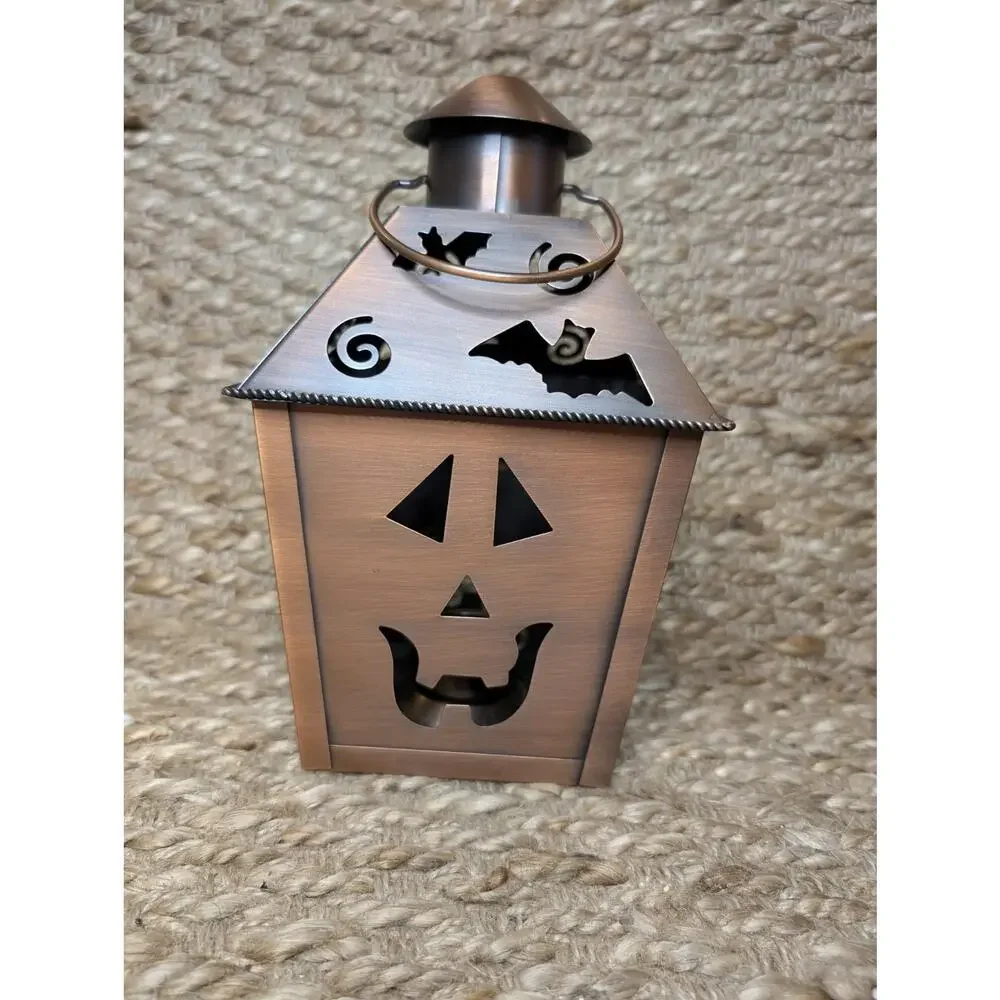 Halloween Lantern Tea Light Holder Metal Bronze Toned Pumpkin Bats